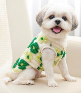 KUTKUT Winter Small Dog Cat Flower Sleeveless Vest Soft Warm Coral Fleece Double Layer Cozy Soft Button Open Sweater Small Doggie Outfit for Maltese, ToyPoodle, Toypom ( Green Floral)